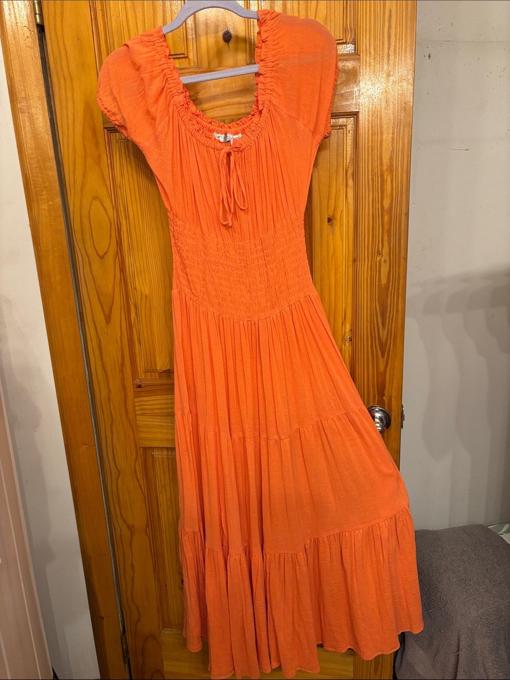 Boho Orange Tiered Maxi Dress with Smocked Bodice